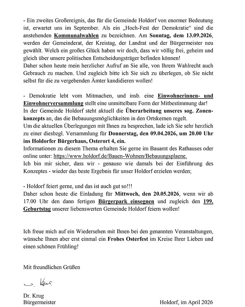 Ostergr��e der Gemeinde Holdorf - Teil 2 - Es schreibt Dr. Wolfgang Krug