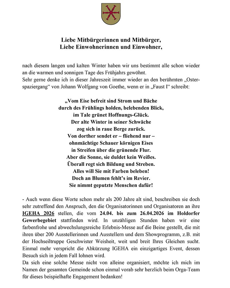Ostergr��e der Gemeinde Holdorf - Teil 1 - Es schreibt Dr. Wolfgang Krug