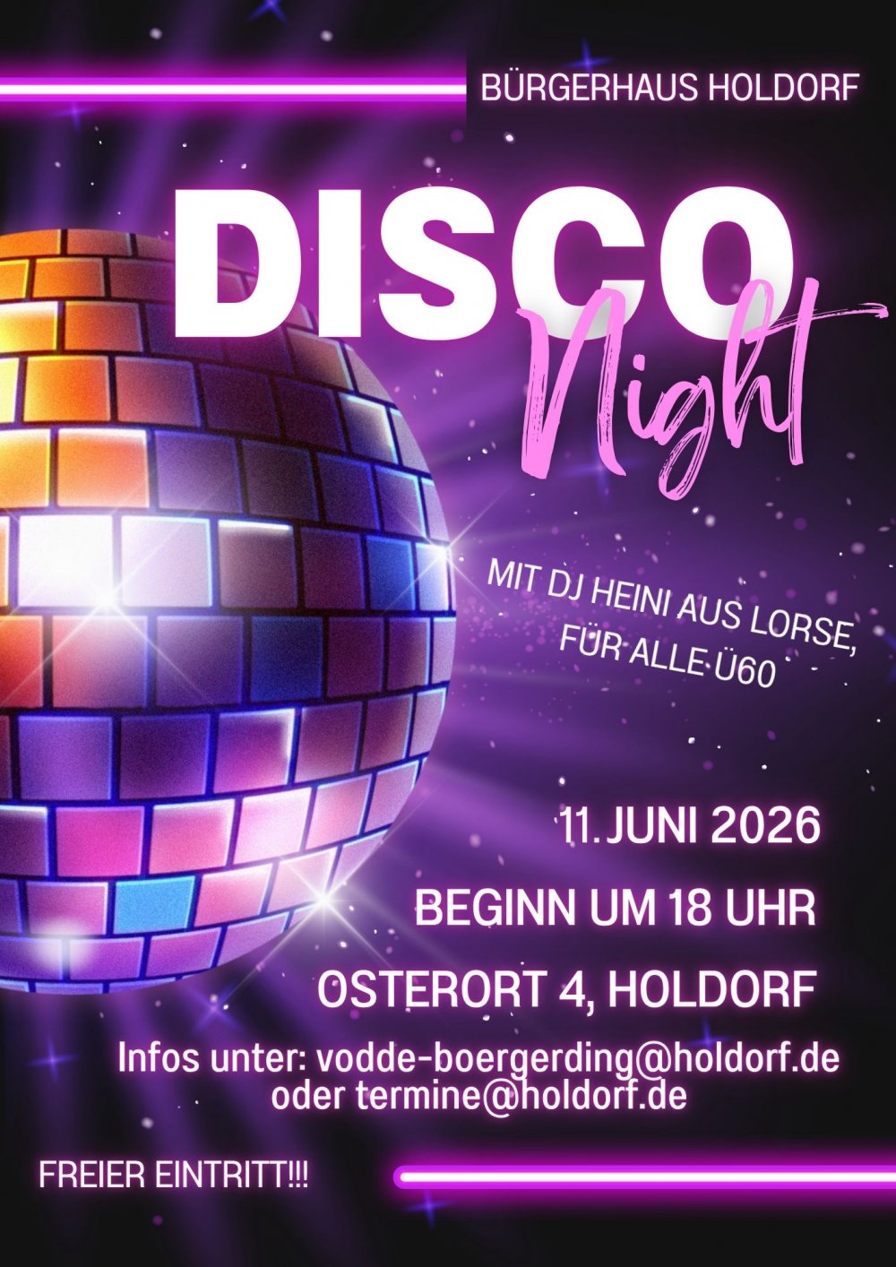 Disco Night f�r alle �ber 60 Jahre im B�rgerhaus Holdorf