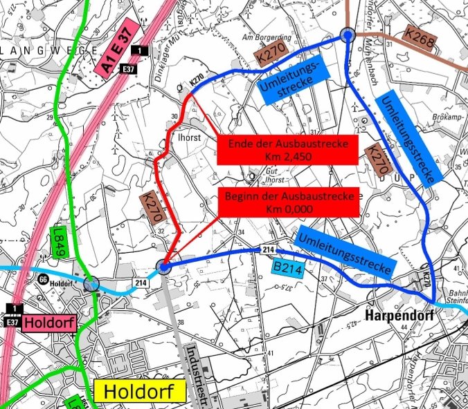 Vollsperrung der K 270 zwischen dem Kreisverkehrsplatz an der B 214 und Ihorst