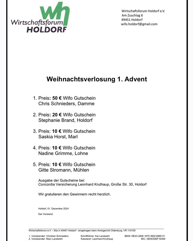 Wirtschaftsforum Weihnachtsverlosung 1. Advent