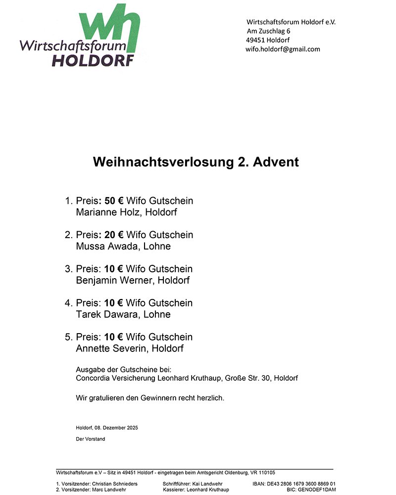 Wirtschaftsforum Weihnachtsverlosung 2. Advent