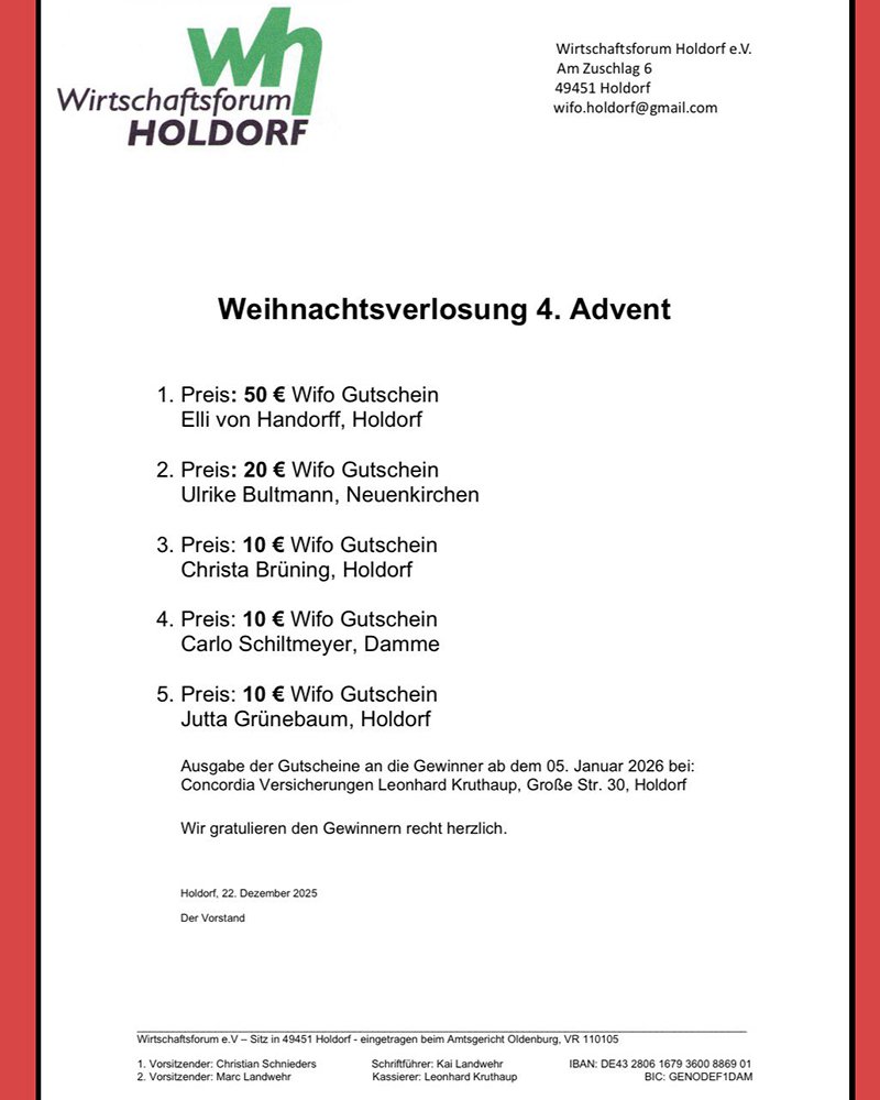Wirtschaftsforum Weihnachtsverlosung 4. Advent