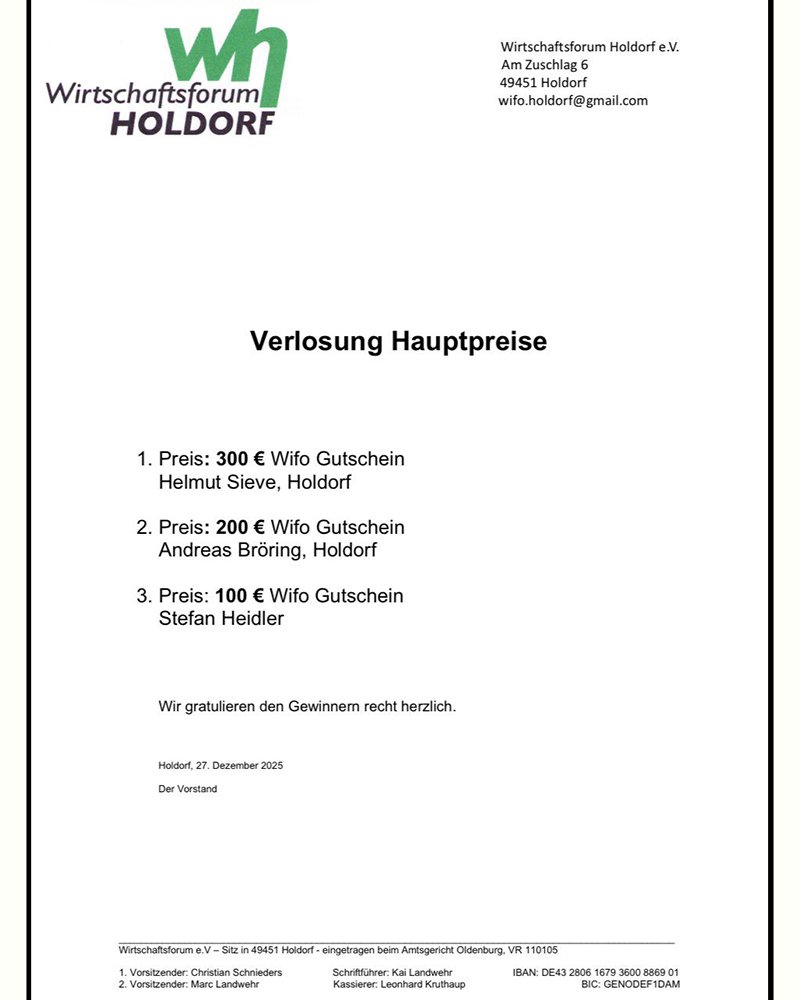 Wirtschaftsforum Weihnachtsverlosung Hauptverlosung