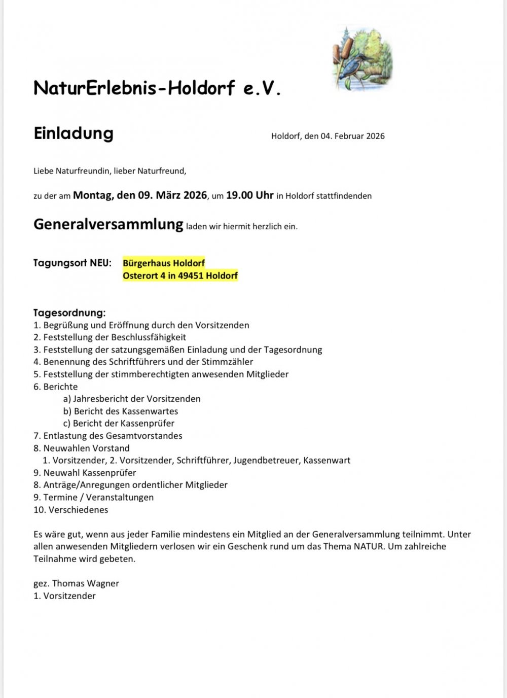 Einladung zur Generalversammlung NaturErlebnis-Holdorf e.V.
