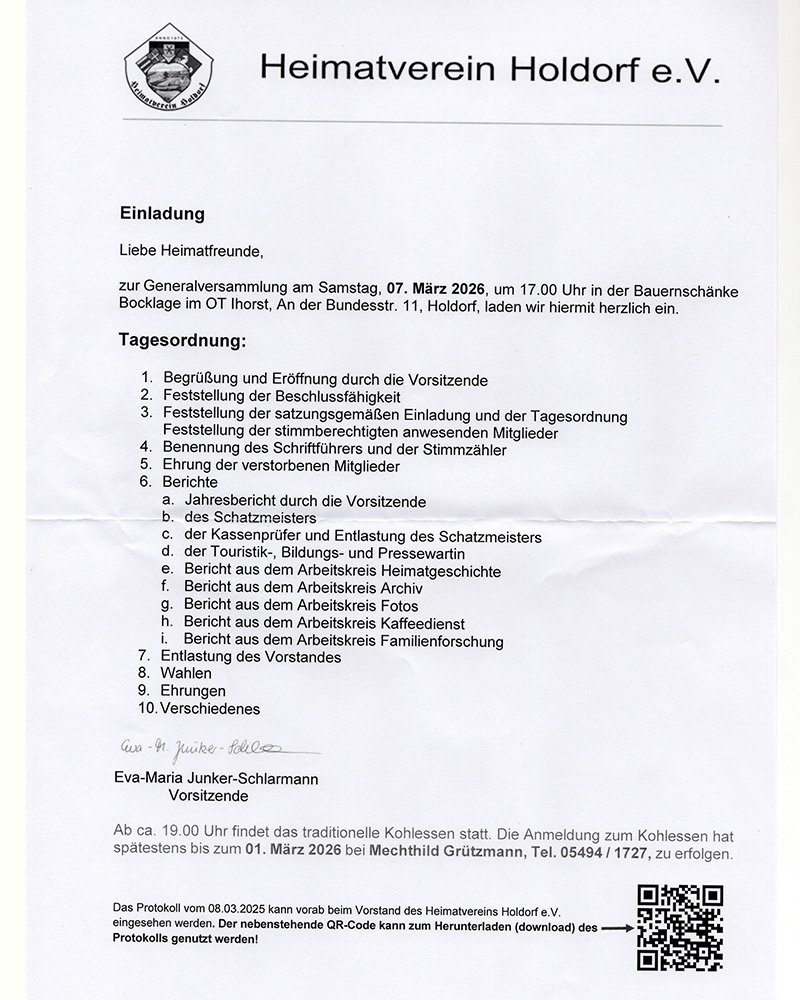 Heimatverein Holdorf l�dt zur Generalversammlung