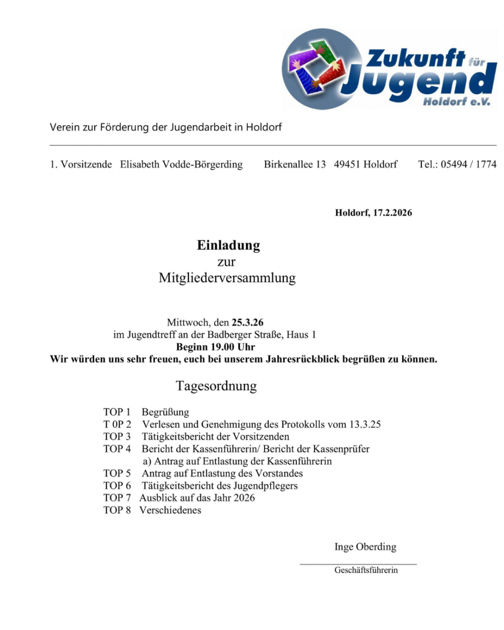 Zukunft f�r Jugend Holdorf e.V. l�dt zur Mitgliederversammlung